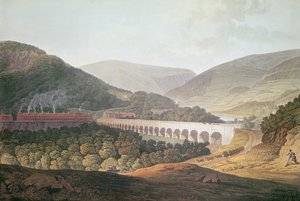 Kilátás a völgyön és a folyón átívelő kőhídra a Monmouthshire-i Riscánál (színes gravírozás)